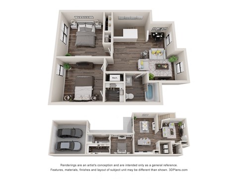 a stylized floor plan with a bedroom and a living room